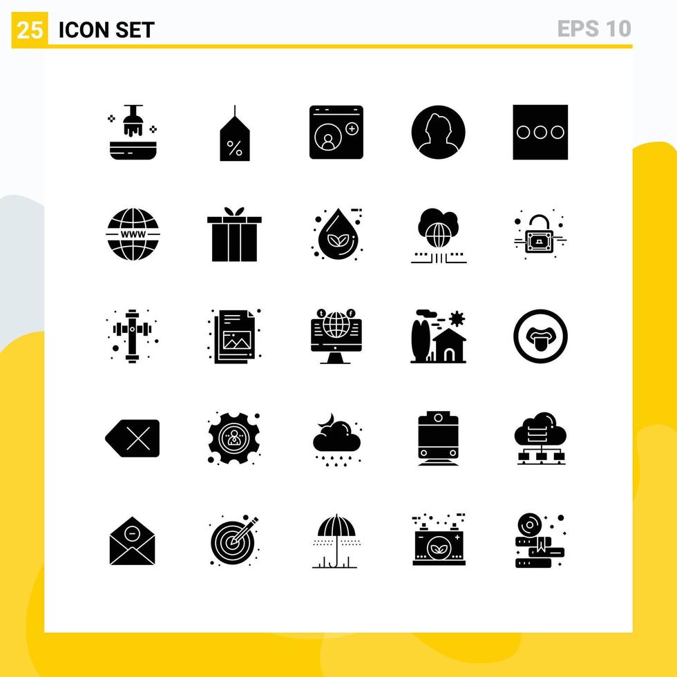 25 glyphes solides universels définis pour la liste des applications web et mobiles autour de l'homme du navigateur éléments de conception vectorielle modifiables sur les médias sociaux vecteur
