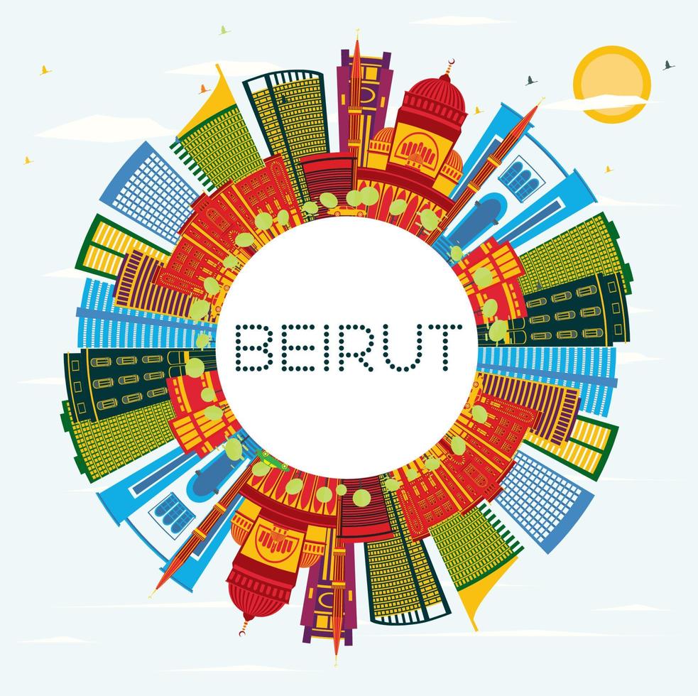 horizon de la ville de beyrouth liban avec bâtiments de couleur, ciel bleu et espace de copie. vecteur