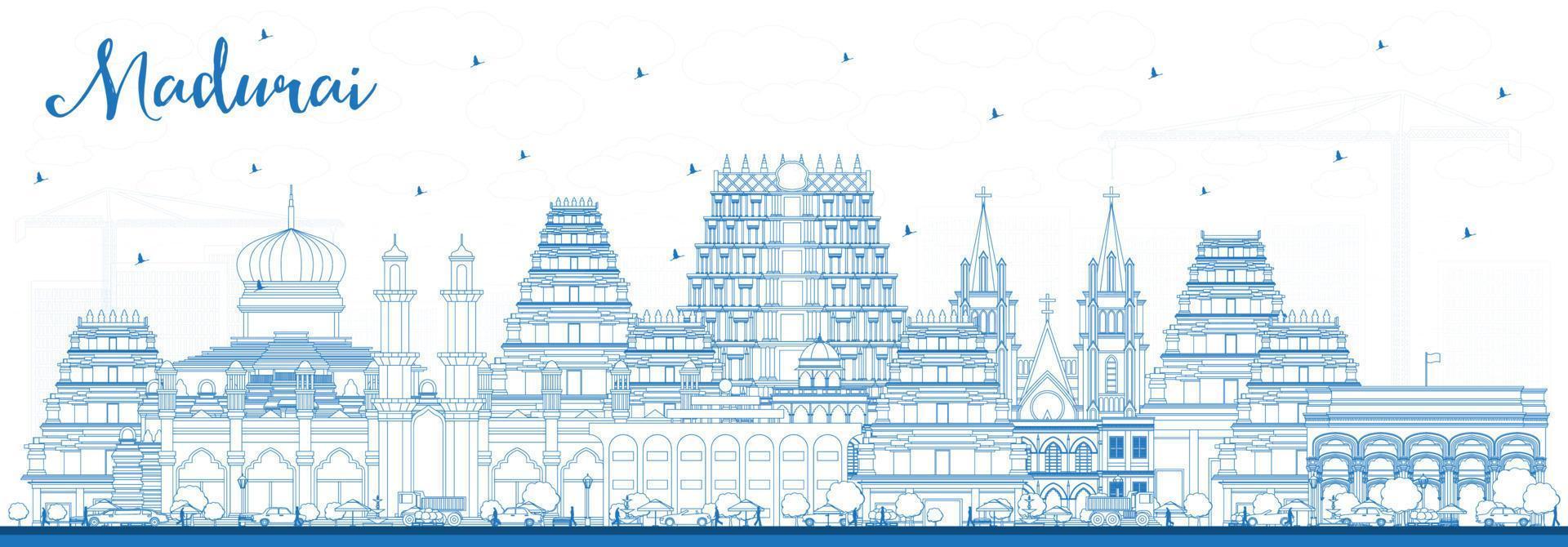 contour madurai inde city skyline avec des bâtiments bleus. vecteur