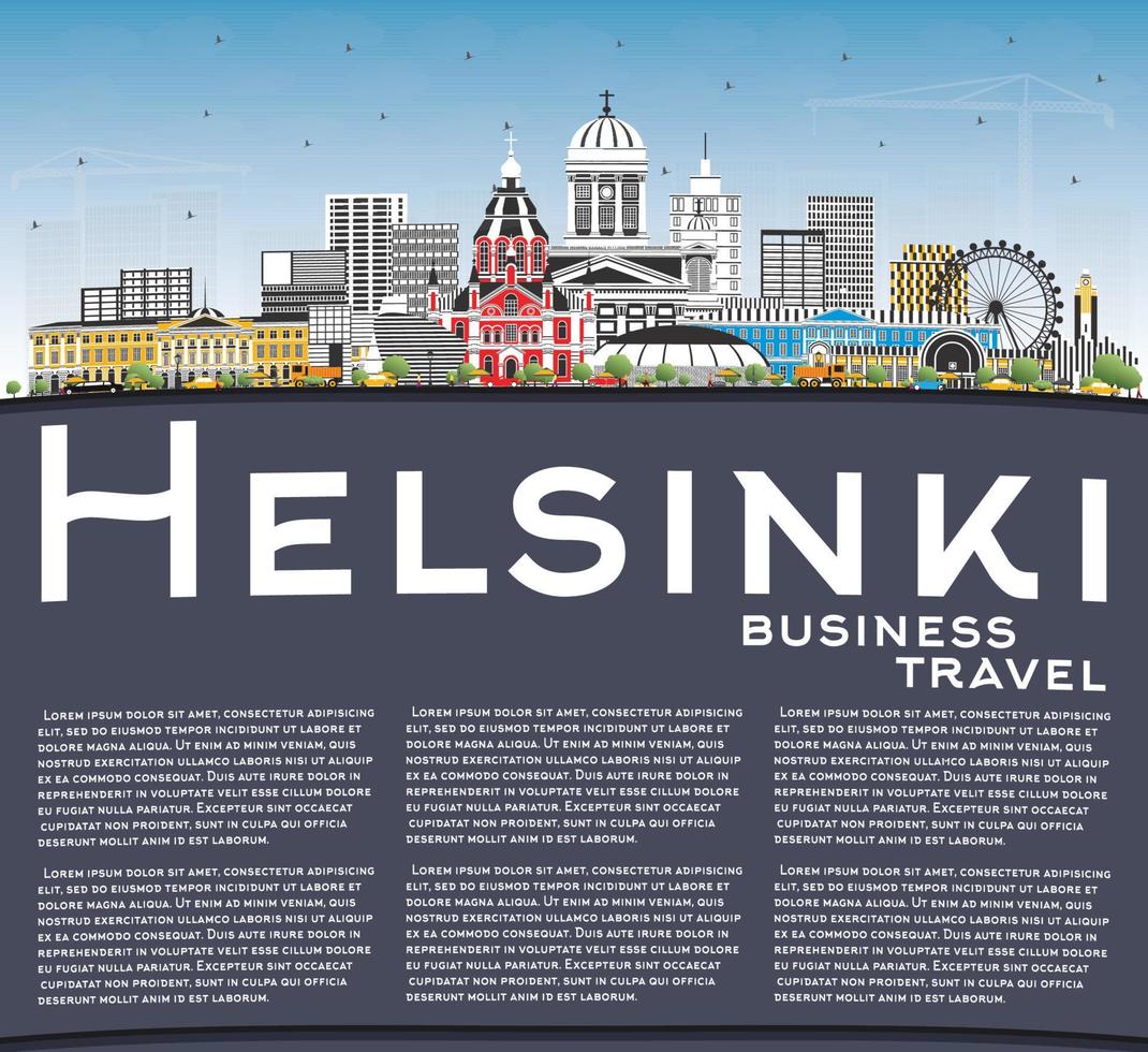 horizon de la ville d'helsinki en finlande avec des bâtiments de couleur, un ciel bleu et un espace de copie. vecteur