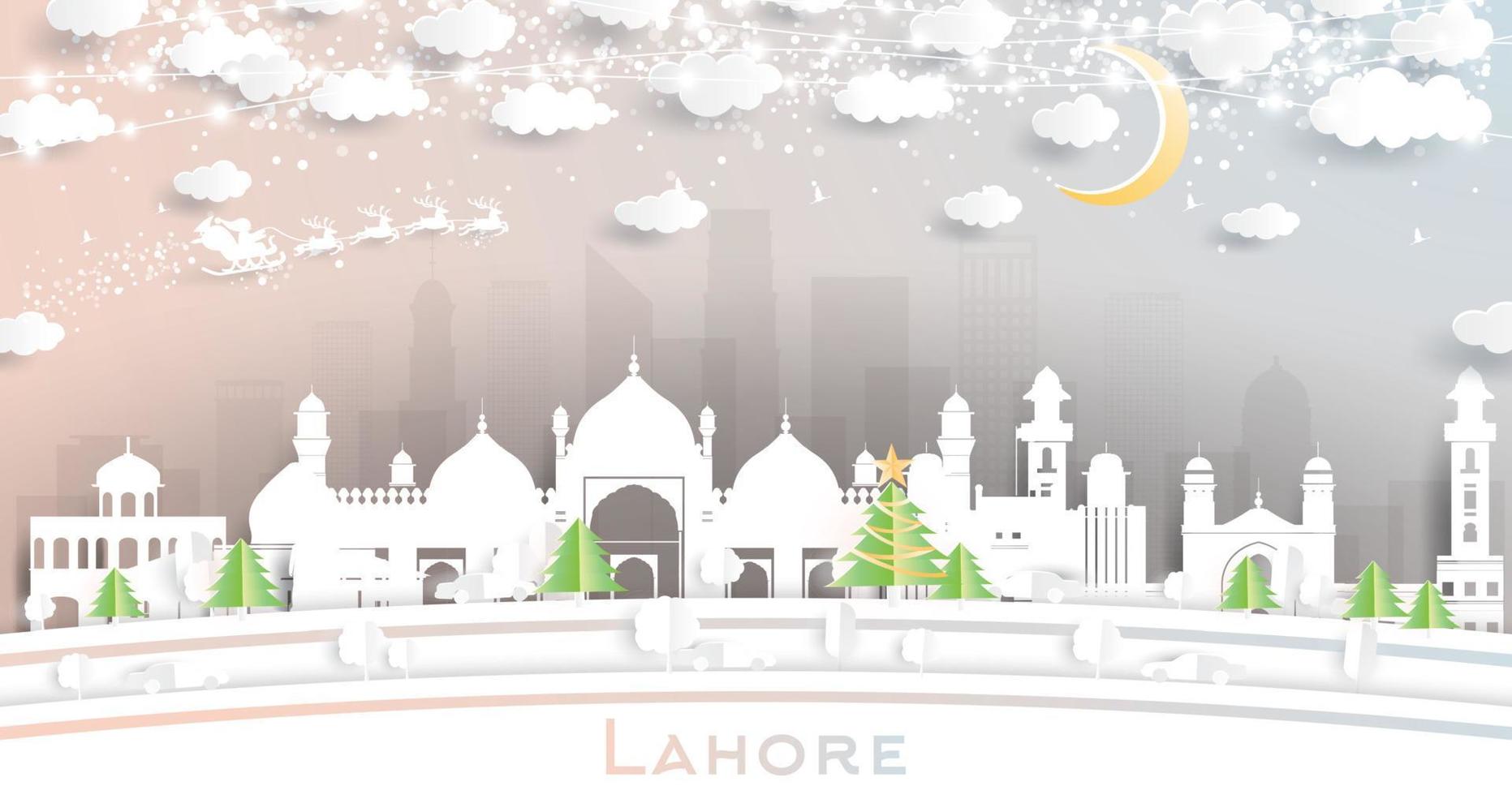 horizon de la ville de lahore au pakistan dans un style papier découpé avec des flocons de neige, une lune et une guirlande de néons. vecteur