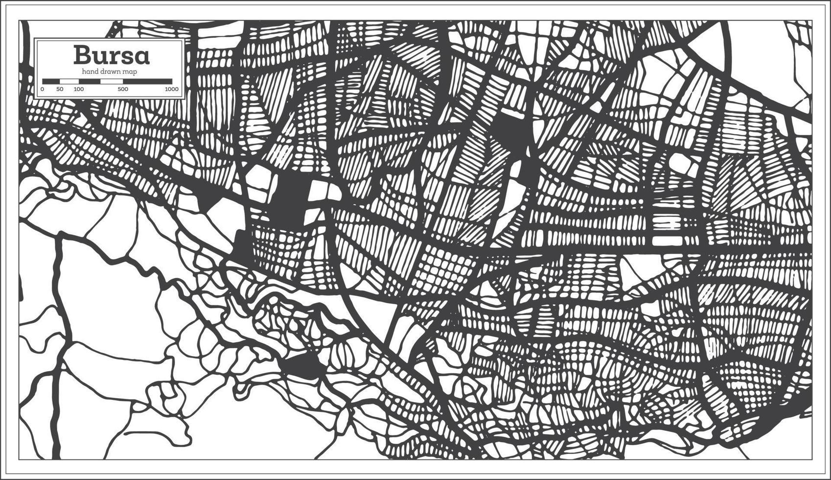 carte de la ville de bursa turquie en noir et blanc dans un style rétro. carte muette. vecteur