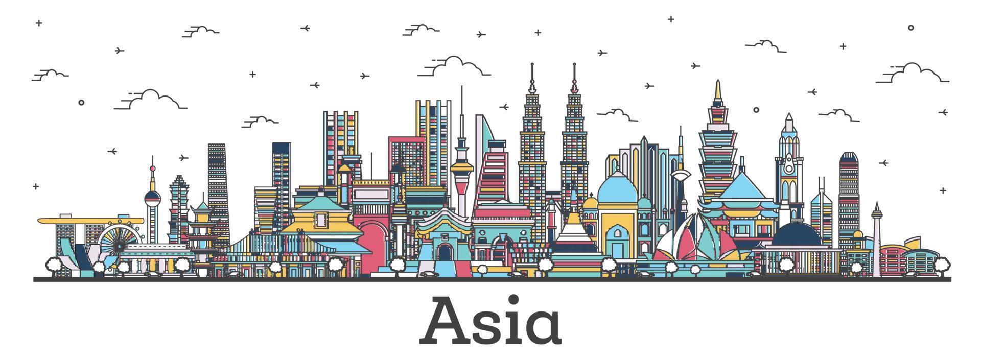 paysage asiatique. contour des monuments célèbres en couleur en asie. vecteur