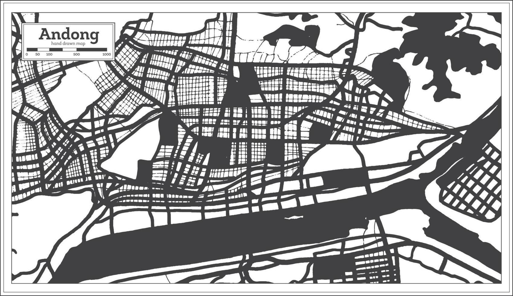 carte de la ville d'andong en corée du sud en noir et blanc dans un style rétro. vecteur