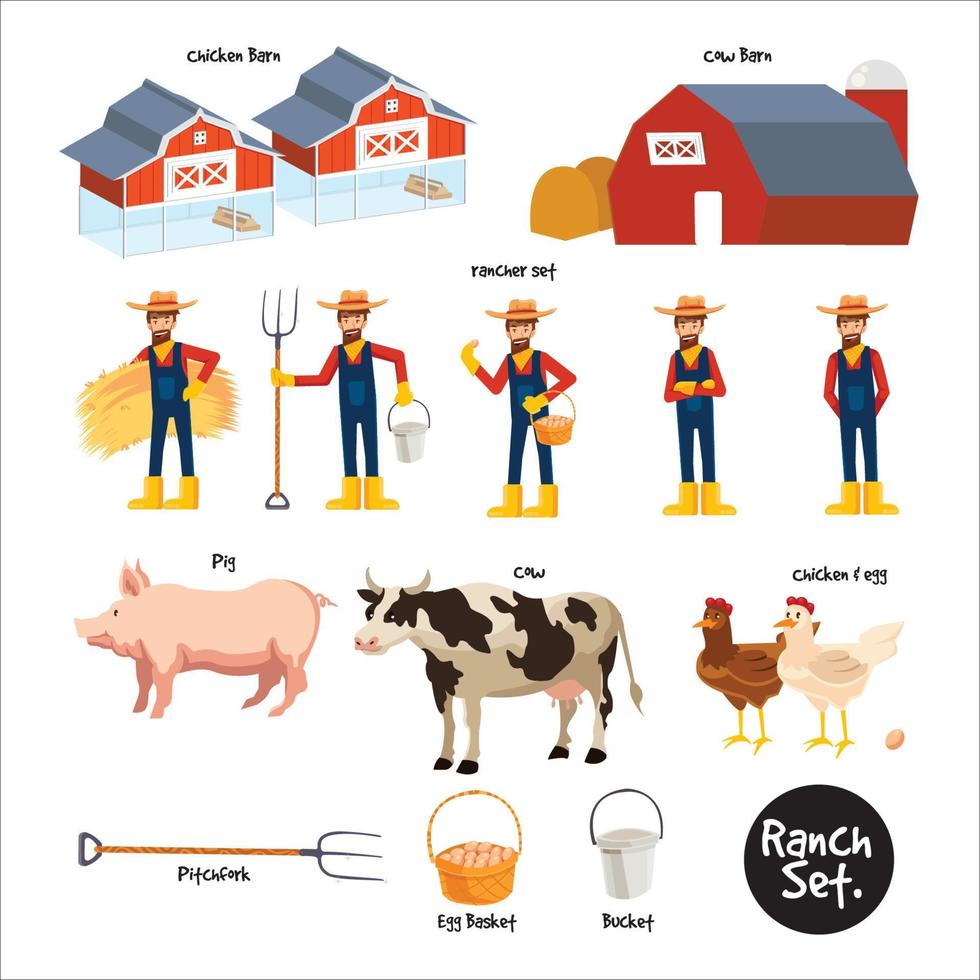 5 personnages de dessin animé fermier avec outils, grange, cochon, vache et poulet. caractère vectoriel isolé sur fond blanc