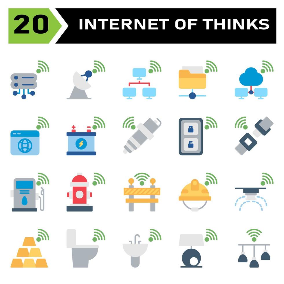 l'ensemble d'icônes internet des objets comprend le serveur, la base de données, l'internet des objets, le satellite, le réseau, le dossier, le nuage, le navigateur, le web, la batterie, l'accumulateur, l'étincelle, la prise, la clé, la télécommande, la sécurité, la ceinture, la station-service vecteur