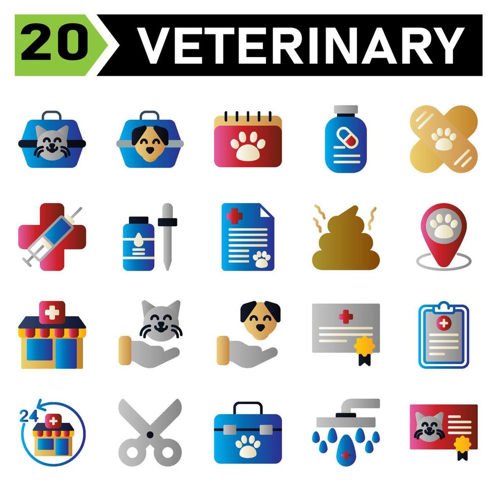 l'ensemble d'icônes vétérinaires comprend le transporteur, le vétérinaire, l'animal de compagnie, la boîte, le chat, le chien, le calendrier, le rendez-vous, le vétérinaire, l'horaire, les médicaments, le supplément, la vitamine, le vaccin, la bande, la clinique, le médecin, la seringue, le virus, la fuite vecteur