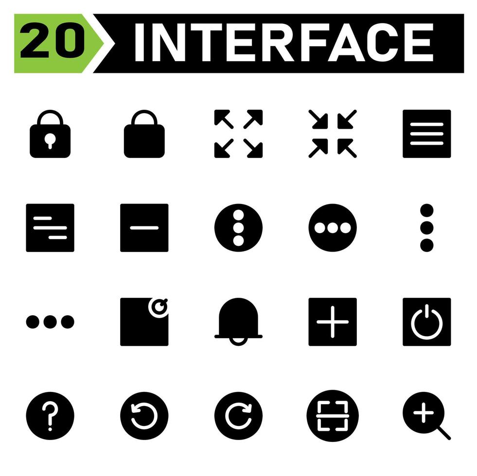 l'ensemble d'icônes de l'interface utilisateur comprend cadenas, verrouiller, interface utilisateur, maximiser, taille, plein écran, minimiser, menu, aligner, moins, supprimer, plus, cercle, vertical, horizontal, notification, carré, message, alarme vecteur