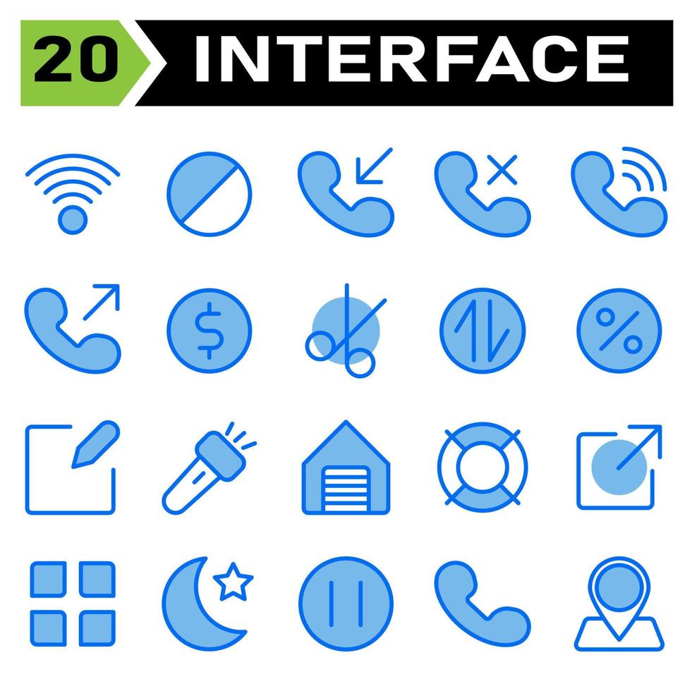 l'ensemble d'icônes de l'interface utilisateur comprend la connexion, Internet, le signal, le blocage, l'interdiction, l'arrêt, le signe, l'interface utilisateur, l'appel, l'appel, le téléphone, le téléphone, les flèches, le silence, la communication, l'argent, la pièce de monnaie, le paiement, l'argent, le dollar vecteur