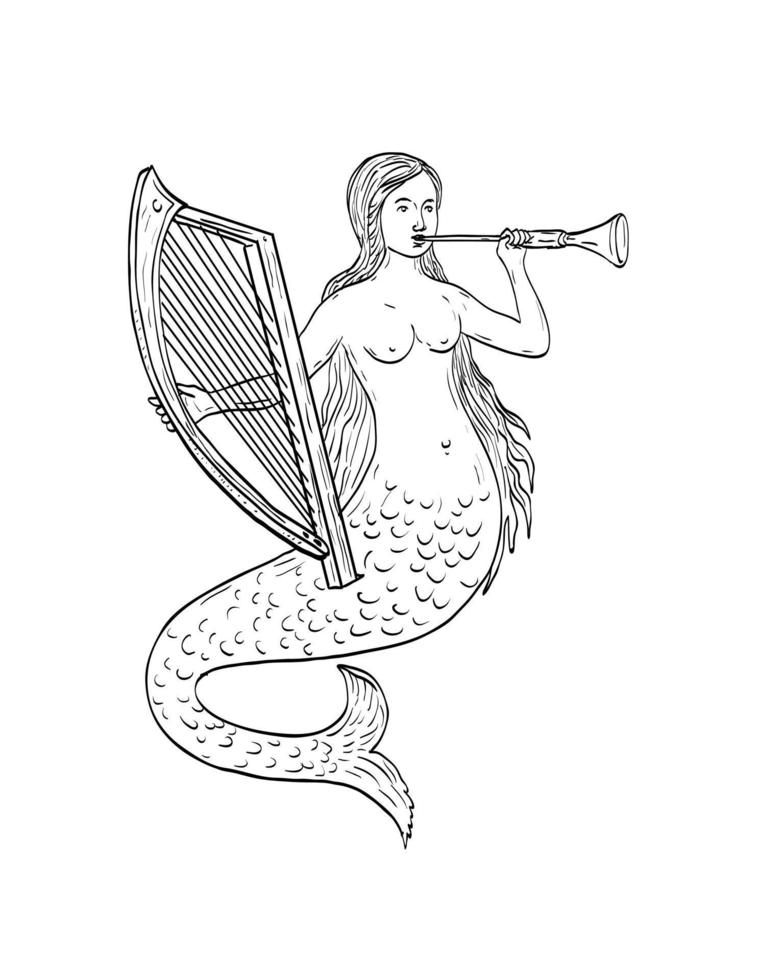 sirène comme sirène jouant de la harpe et de la flûte à corne dessin d'art en ligne de style médiéval vecteur