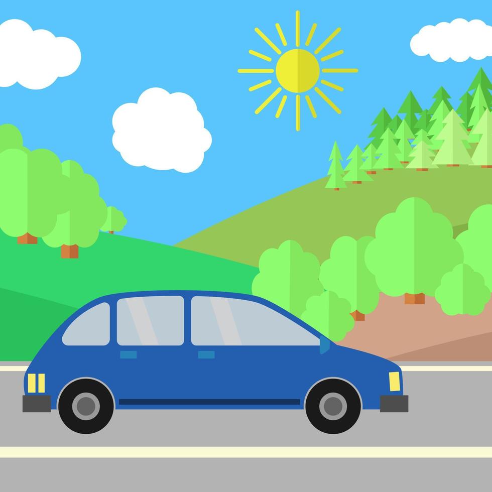 véhicule utilitaire sport bleu sur une route par une journée ensoleillée. illustration de voyage d'été. vecteur