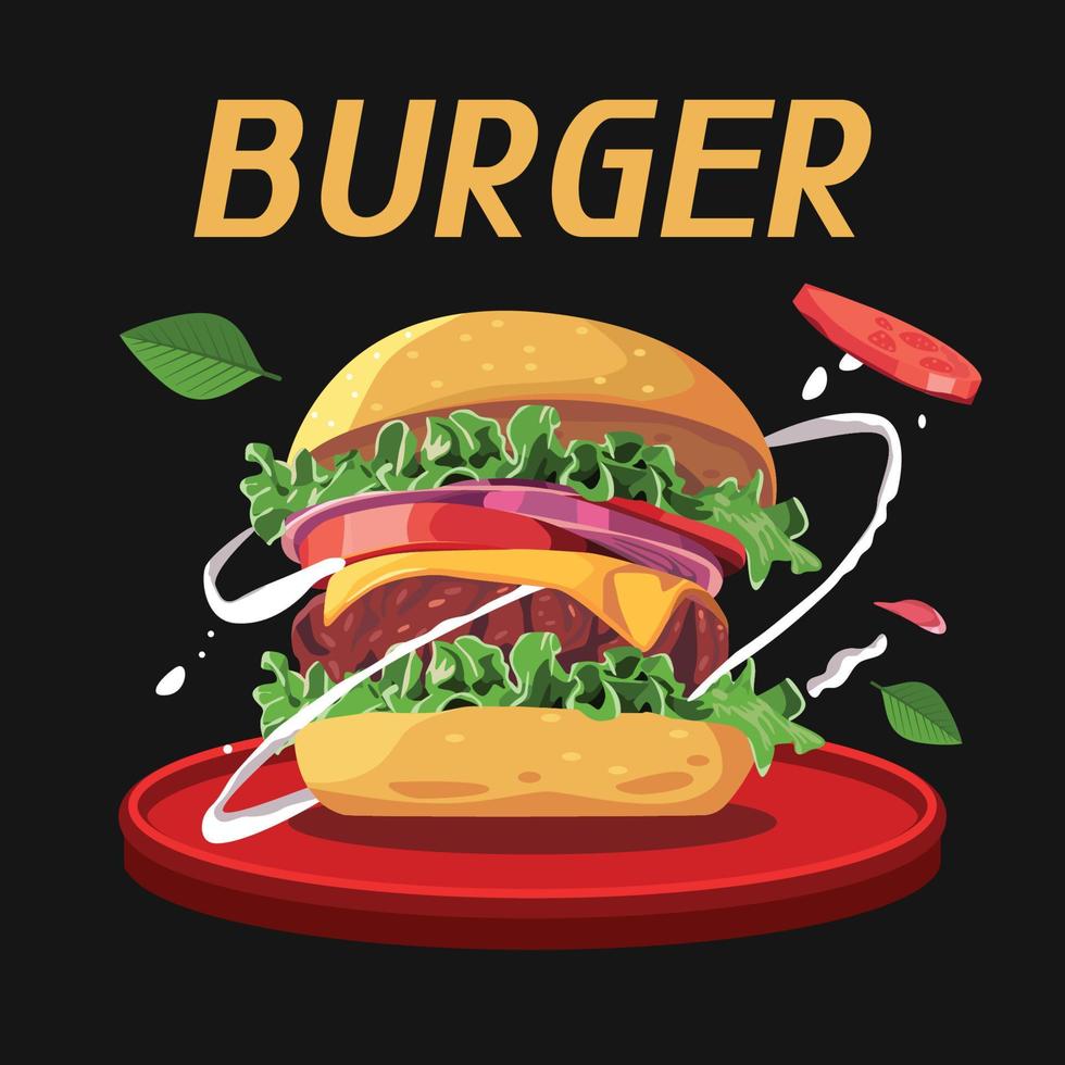 médias sociaux burger, burger savoureux avec de la viande vecteur