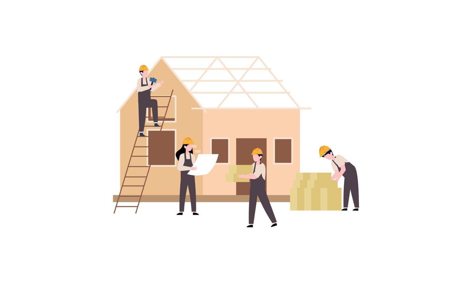 processus de construction de maisons. une équipe de constructeurs construit une illustration de maison en bois vecteur