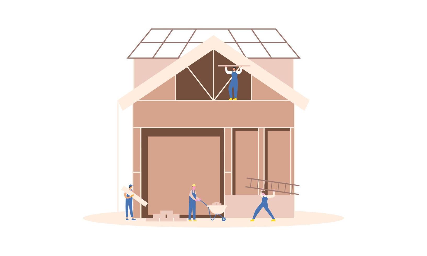 processus de construction de maisons. une équipe de constructeurs construit une illustration de maison en bois vecteur