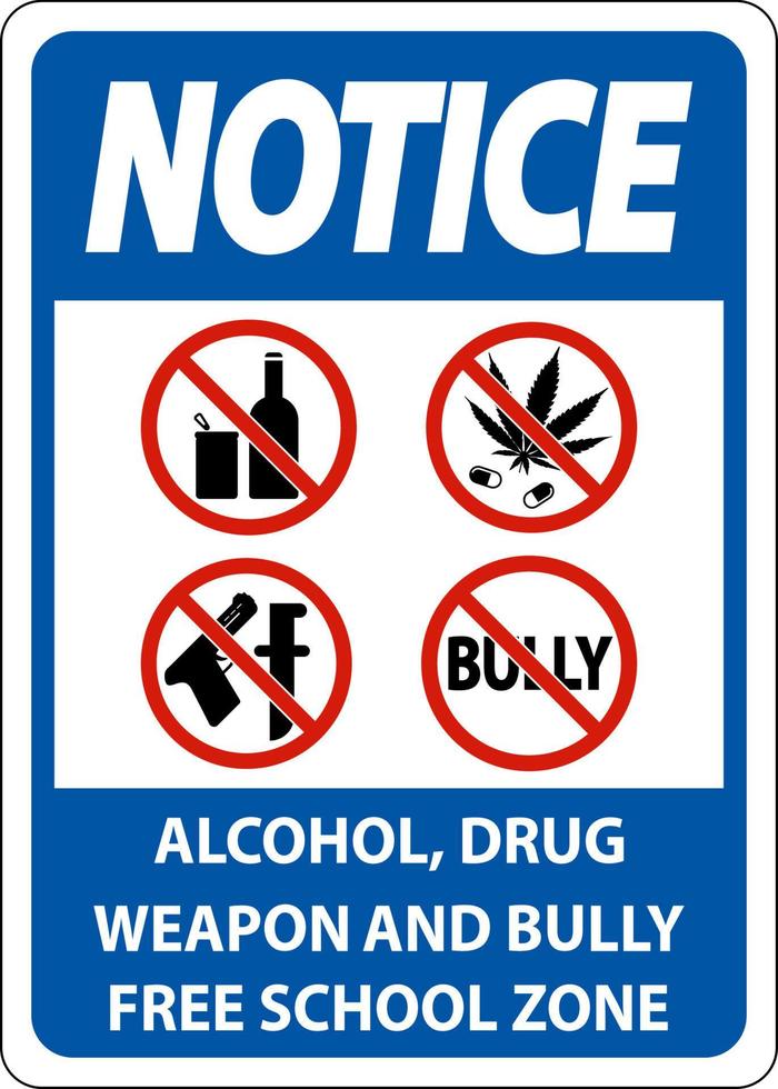 avis de signalisation de sécurité scolaire, zone scolaire sans alcool, drogue, arme et intimidateur vecteur