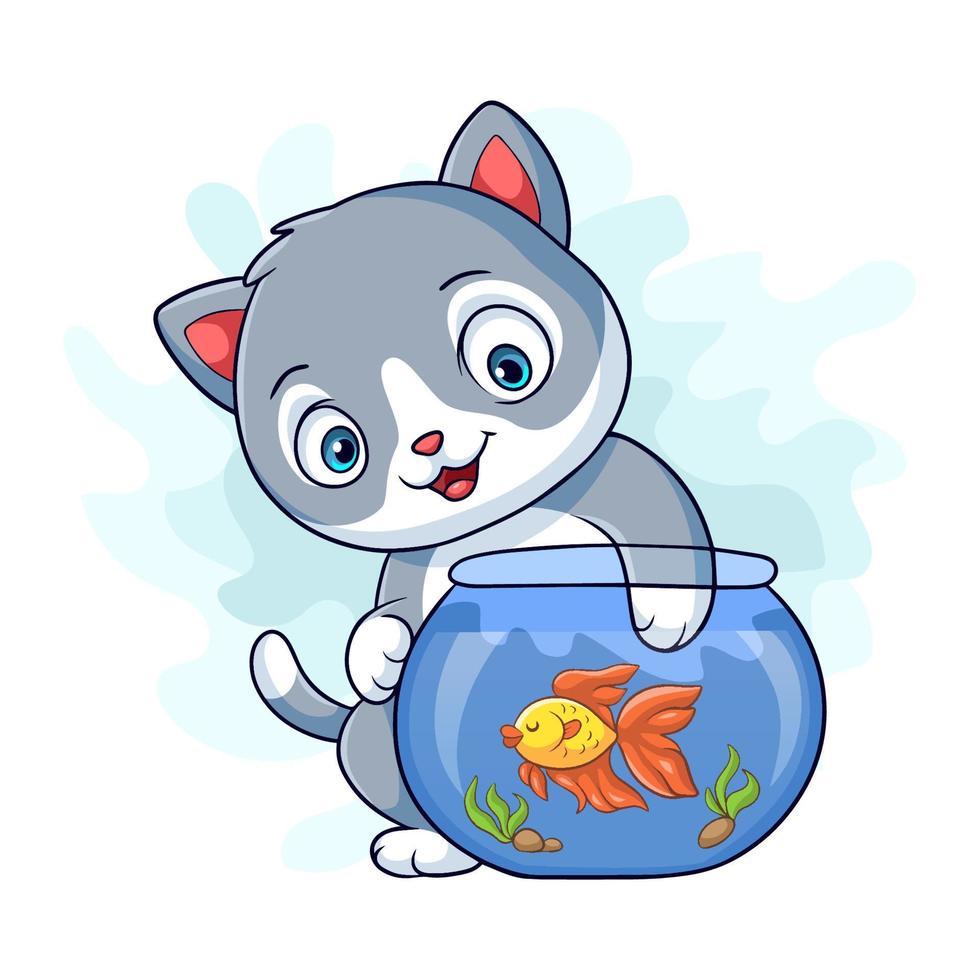 dessin animé de petit chat veut tenir un poisson dans l'aquarium vecteur