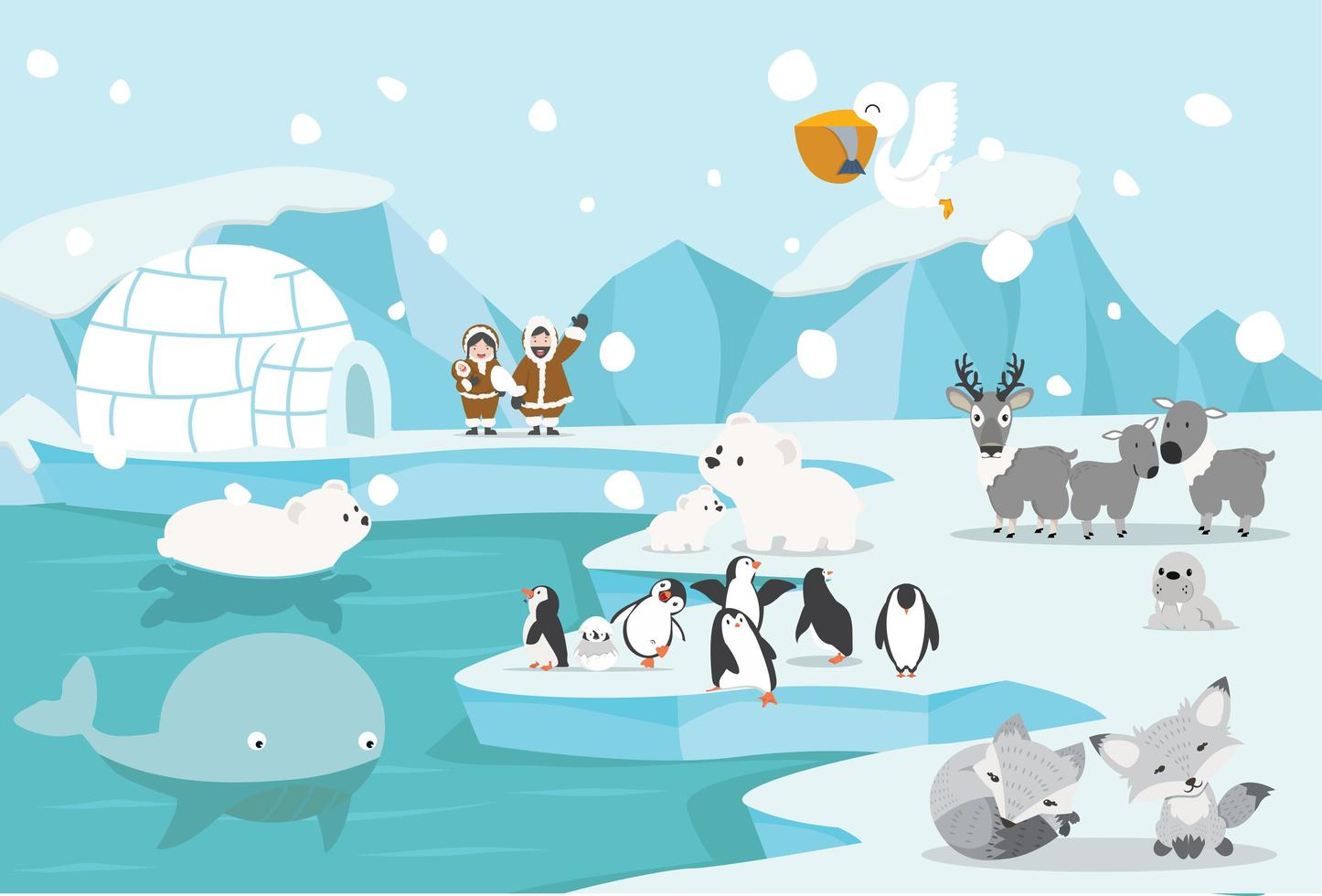 animaux et personnes dans un paysage arctique froid vecteur