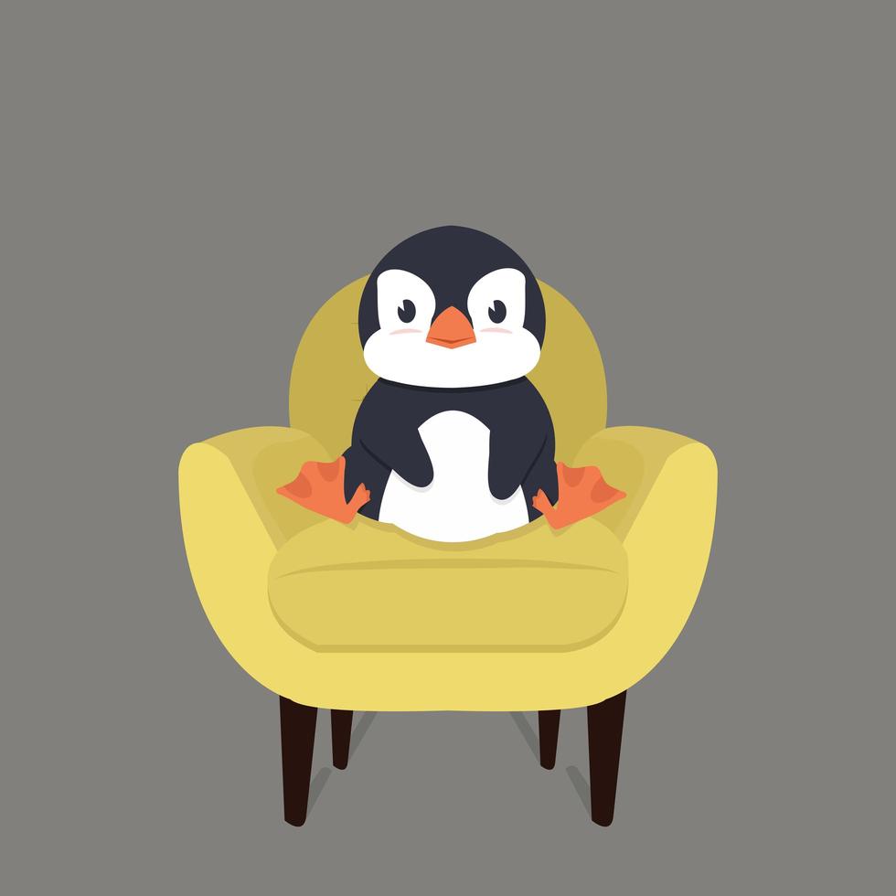 pingouin mignon assis dans une chaise jaune moderne vecteur