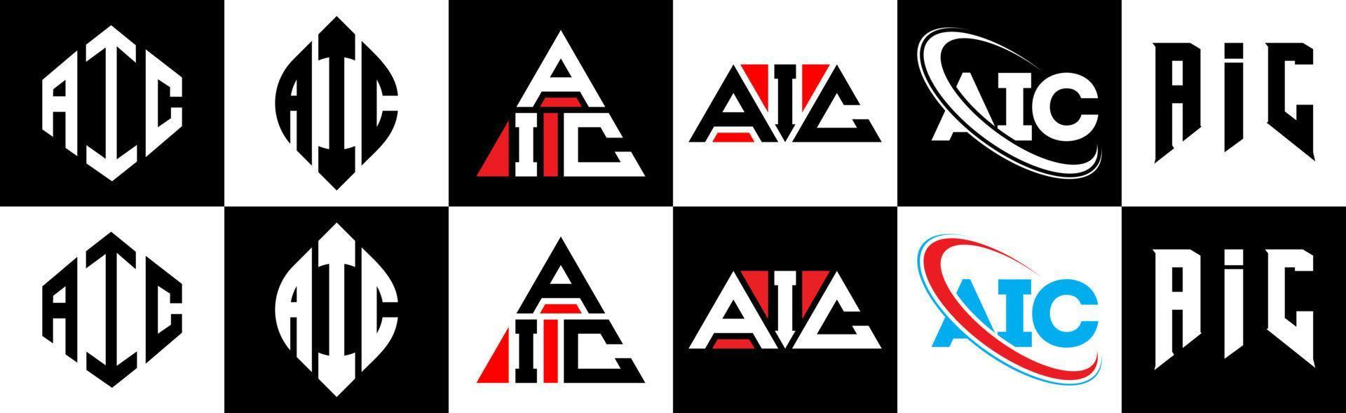 création de logo de lettre aic en six styles. polygone aic, cercle, triangle, hexagone, style plat et simple avec logo de lettre de variation de couleur noir et blanc dans un plan de travail. logo aic minimaliste et classique vecteur