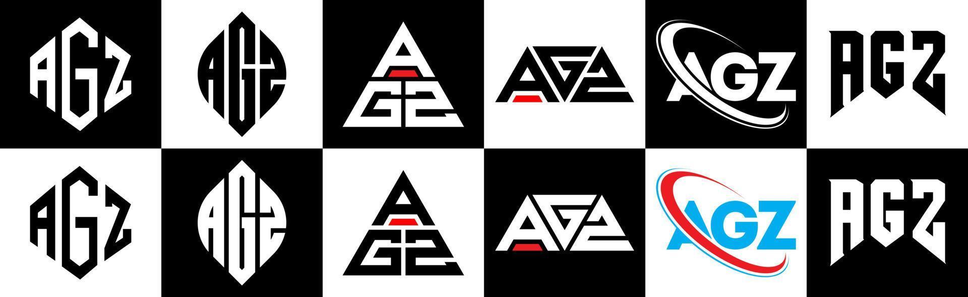 création de logo de lettre agz en six styles. polygone agz, cercle, triangle, hexagone, style plat et simple avec logo de lettre de variation de couleur noir et blanc dans un plan de travail. logo agz minimaliste et classique vecteur