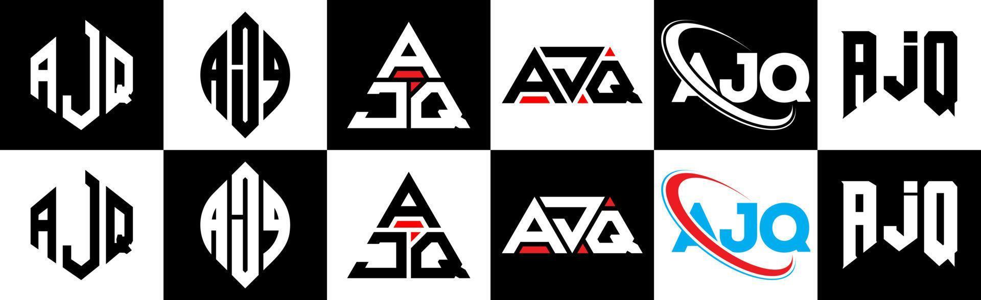 création de logo de lettre ajq en six styles. polygone ajq, cercle, triangle, hexagone, style plat et simple avec logo de lettre de variation de couleur noir et blanc dans un plan de travail. logo minimaliste et classique ajq vecteur