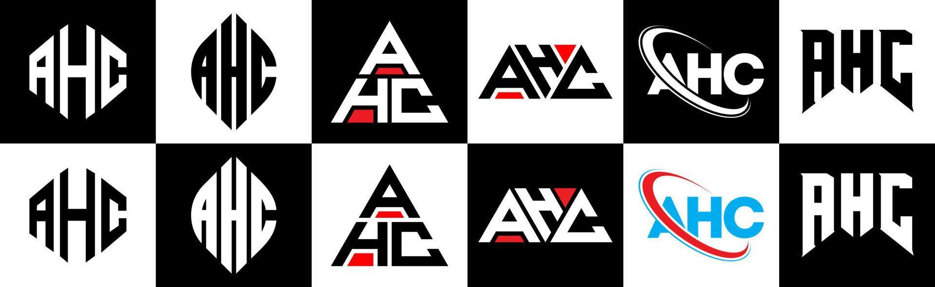 création de logo de lettre ahc en six styles. polygone ahc, cercle, triangle, hexagone, style plat et simple avec logo de lettre de variation de couleur noir et blanc dans un plan de travail. ahc logo minimaliste et classique vecteur