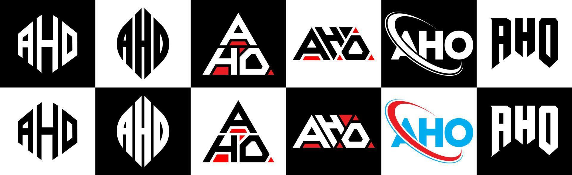 création de logo de lettre aho en six styles. aho polygone, cercle, triangle, hexagone, style plat et simple avec logo de lettre de variation de couleur noir et blanc dans un plan de travail. aho logo minimaliste et classique vecteur