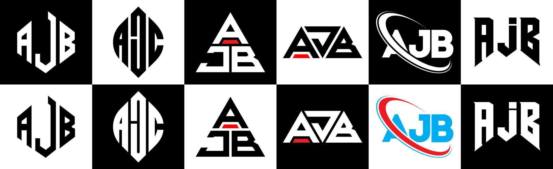 création de logo de lettre ajb en six styles. polygone ajb, cercle, triangle, hexagone, style plat et simple avec logo de lettre de variation de couleur noir et blanc dans un plan de travail. logo ajb minimaliste et classique vecteur