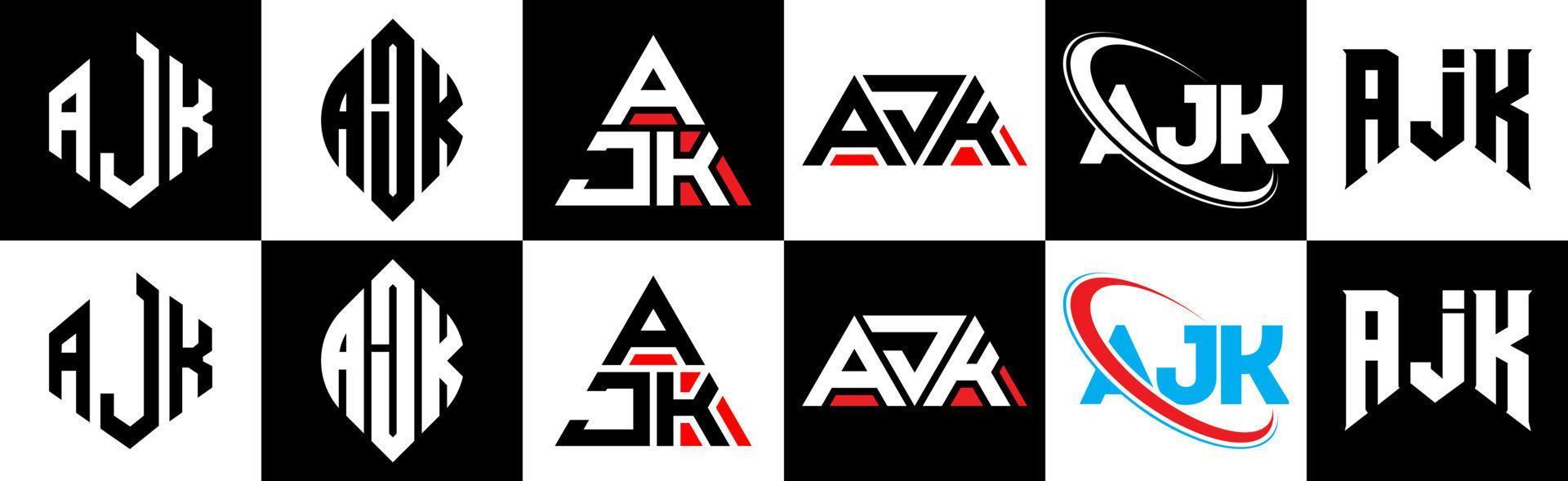 création de logo de lettre ajk en six styles. ajk polygone, cercle, triangle, hexagone, style plat et simple avec logo de lettre de variation de couleur noir et blanc dans un plan de travail. logo minimaliste et classique ajk vecteur