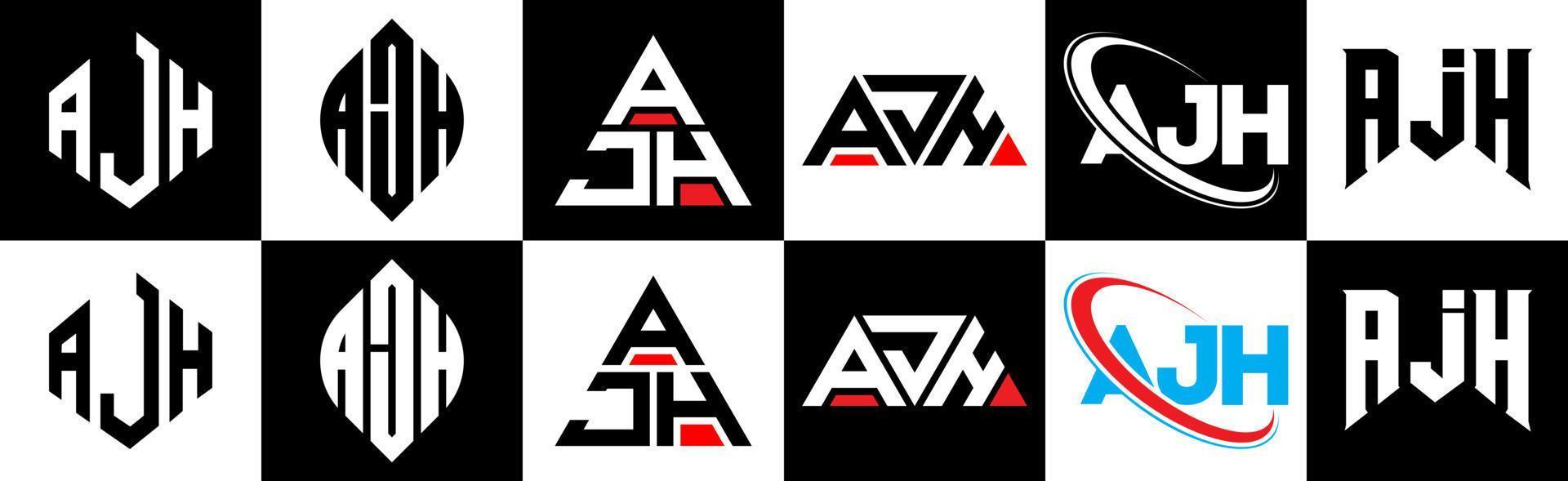 création de logo de lettre ajh en six styles. ajh polygone, cercle, triangle, hexagone, style plat et simple avec logo de lettre de variation de couleur noir et blanc dans un plan de travail. logo minimaliste et classique ajh vecteur