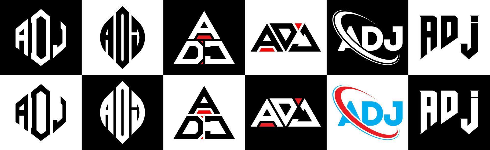 création de logo de lettre adj en six styles. polygone adj, cercle, triangle, hexagone, style plat et simple avec logo de lettre de variation de couleur noir et blanc dans un plan de travail. adj logo minimaliste et classique vecteur