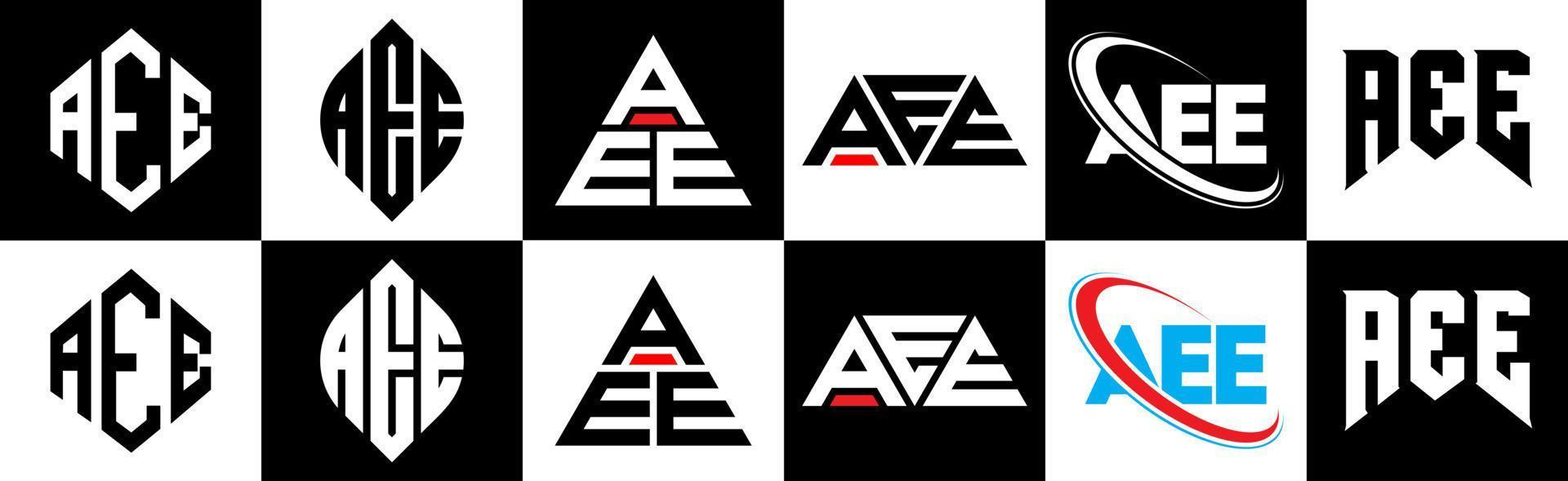 création de logo de lettre aee en six styles. polygone aee, cercle, triangle, hexagone, style plat et simple avec logo de lettre de variation de couleur noir et blanc dans un plan de travail. aee logo minimaliste et classique vecteur