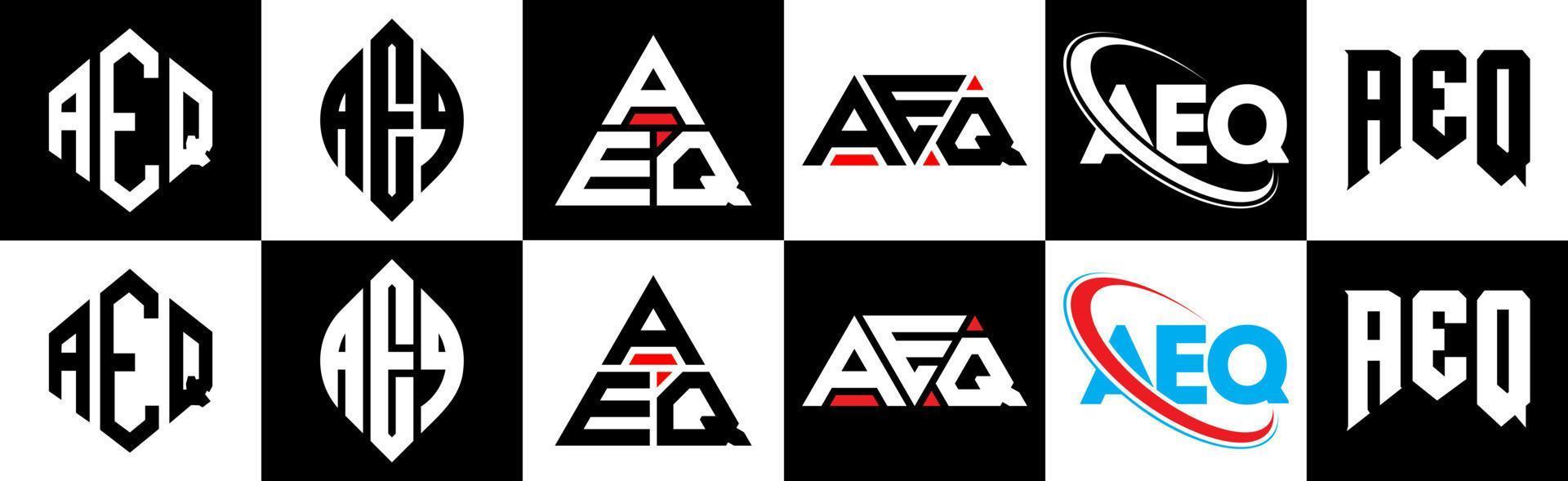 création de logo de lettre aeq en six styles. polygone aeq, cercle, triangle, hexagone, style plat et simple avec logo de lettre de variation de couleur noir et blanc dans un plan de travail. logo aeq minimaliste et classique vecteur