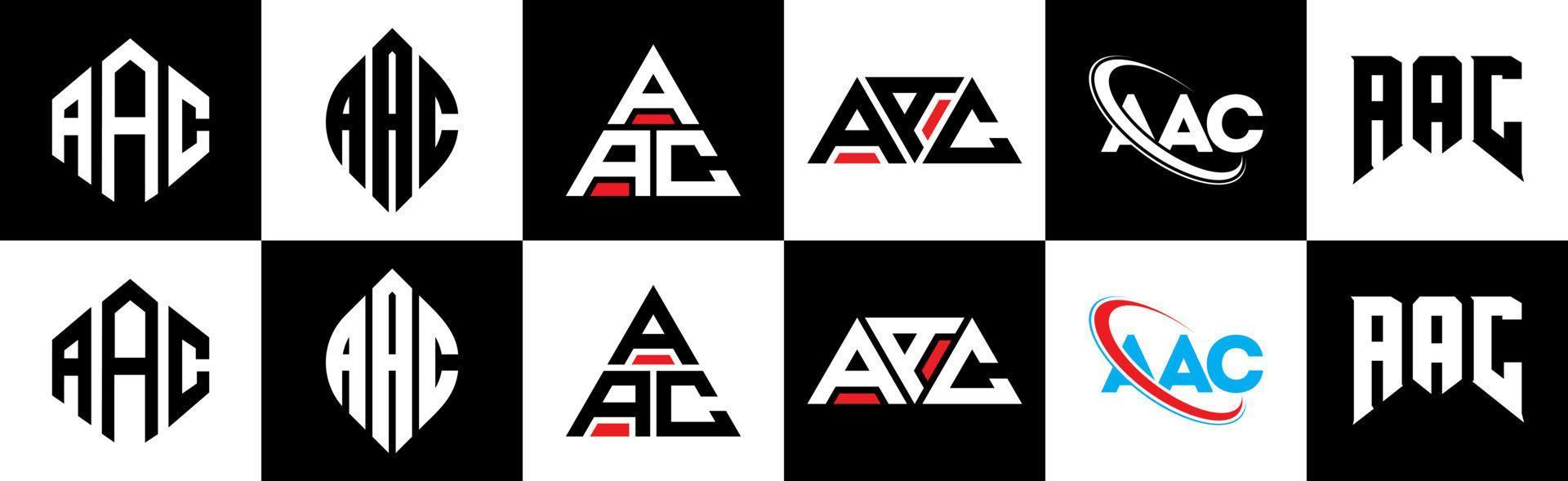 création de logo de lettre aac en six styles. aac polygone, cercle, triangle, hexagone, style plat et simple avec logo de lettre de variation de couleur noir et blanc dans un plan de travail. logo aac minimaliste et classique vecteur