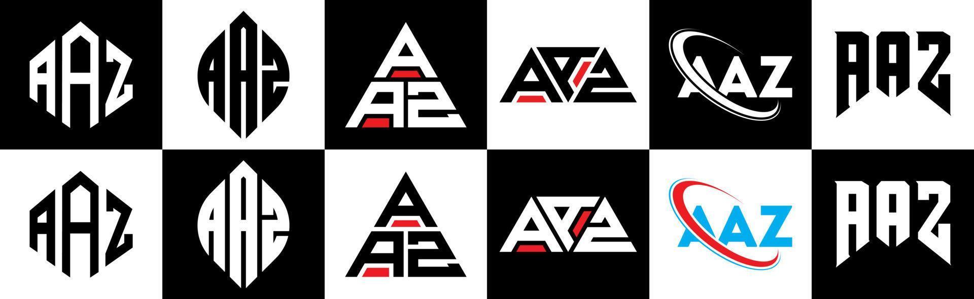 création de logo de lettre aaz en six styles. polygone aaz, cercle, triangle, hexagone, style plat et simple avec logo de lettre de variation de couleur noir et blanc dans un plan de travail. aaz logo minimaliste et classique vecteur