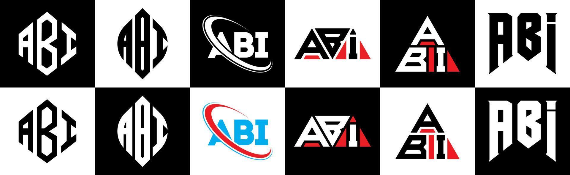 création de logo de lettre abi en six styles. polygone abi, cercle, triangle, hexagone, style plat et simple avec logo de lettre de variation de couleur noir et blanc dans un plan de travail. logo minimaliste et classique abi vecteur