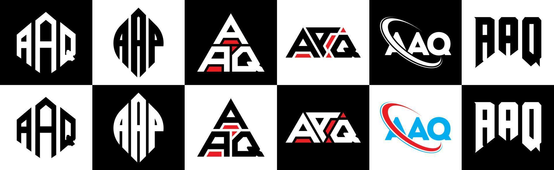 création de logo de lettre aaq en six styles. polygone aaq, cercle, triangle, hexagone, style plat et simple avec logo de lettre de variation de couleur noir et blanc dans un plan de travail. aaq logo minimaliste et classique vecteur