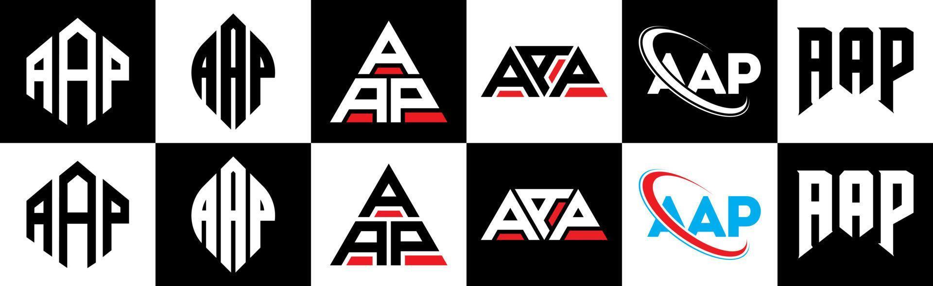 création de logo de lettre aap en six styles. aap polygone, cercle, triangle, hexagone, style plat et simple avec logo de lettre de variation de couleur noir et blanc dans un plan de travail. aap logo minimaliste et classique vecteur