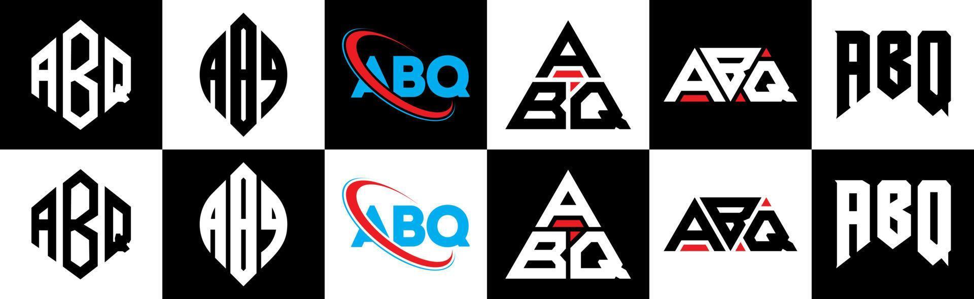 création de logo de lettre abq en six styles. polygone abq, cercle, triangle, hexagone, style plat et simple avec logo de lettre de variation de couleur noir et blanc dans un plan de travail. abq logo minimaliste et classique vecteur