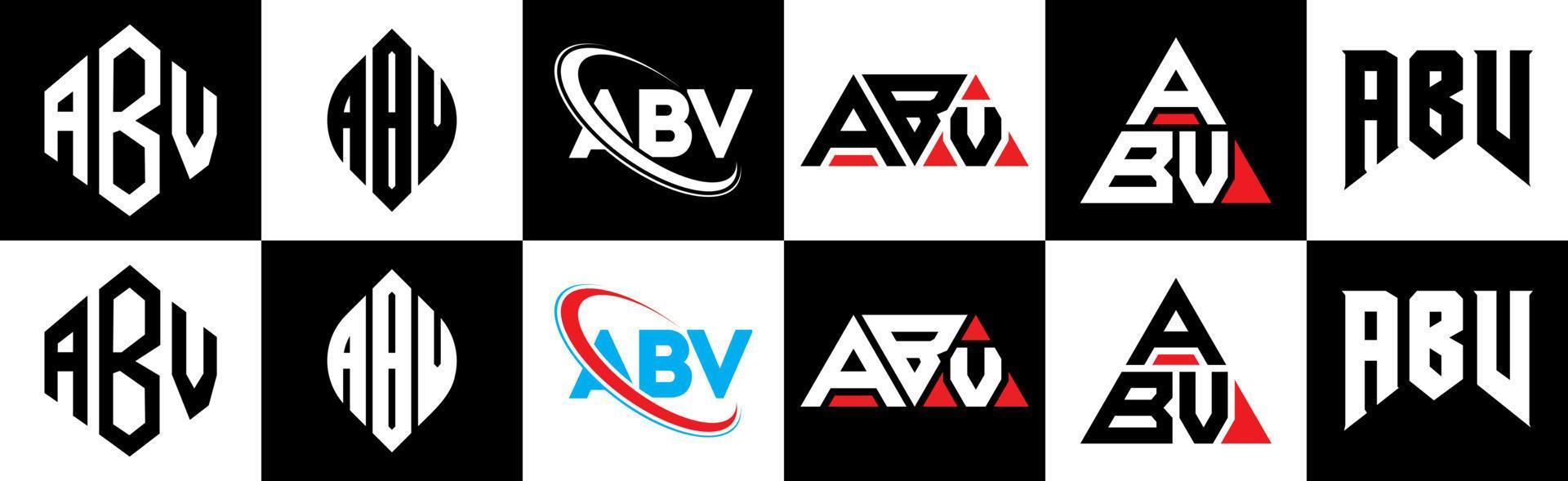 création de logo de lettre abv en six styles. abv polygone, cercle, triangle, hexagone, style plat et simple avec logo de lettre de variation de couleur noir et blanc dans un plan de travail. logo abv minimaliste et classique vecteur