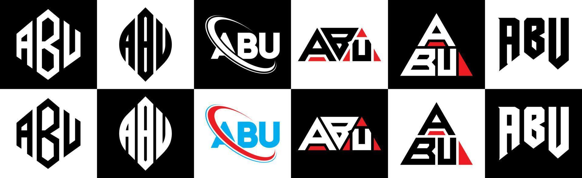 création de logo de lettre abu en six styles. abu polygone, cercle, triangle, hexagone, style plat et simple avec logo de lettre de variation de couleur noir et blanc dans un plan de travail. logo abu minimaliste et classique vecteur