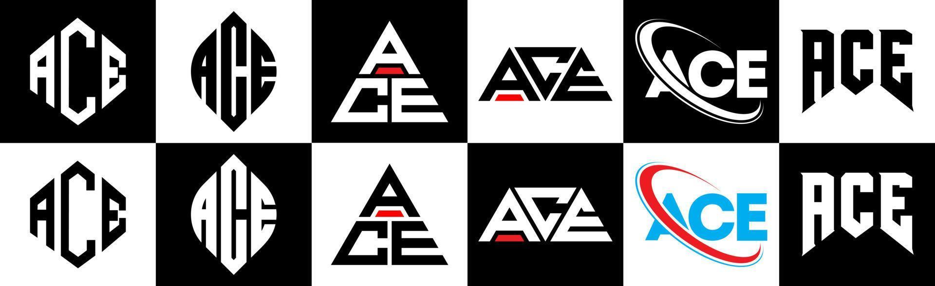 création de logo de lettre ace en six styles. ace polygone, cercle, triangle, hexagone, style plat et simple avec logo de lettre de variation de couleur noir et blanc dans un plan de travail. ace logo minimaliste et classique vecteur