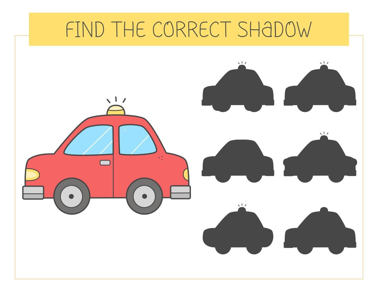 trouver le bon jeu d'ombre avec une voiture. jeu éducatif pour les enfants. voiture de dessin animé mignon. jeu d'association d'ombres. illustration vectorielle. vecteur