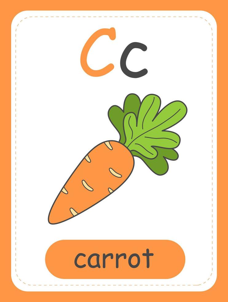 carte alphabet pour enfants avec la lettre c et une carotte. carte éducative pour les enfants. le mot carotte, l'alphabet anglais. illustration vectorielle. vecteur