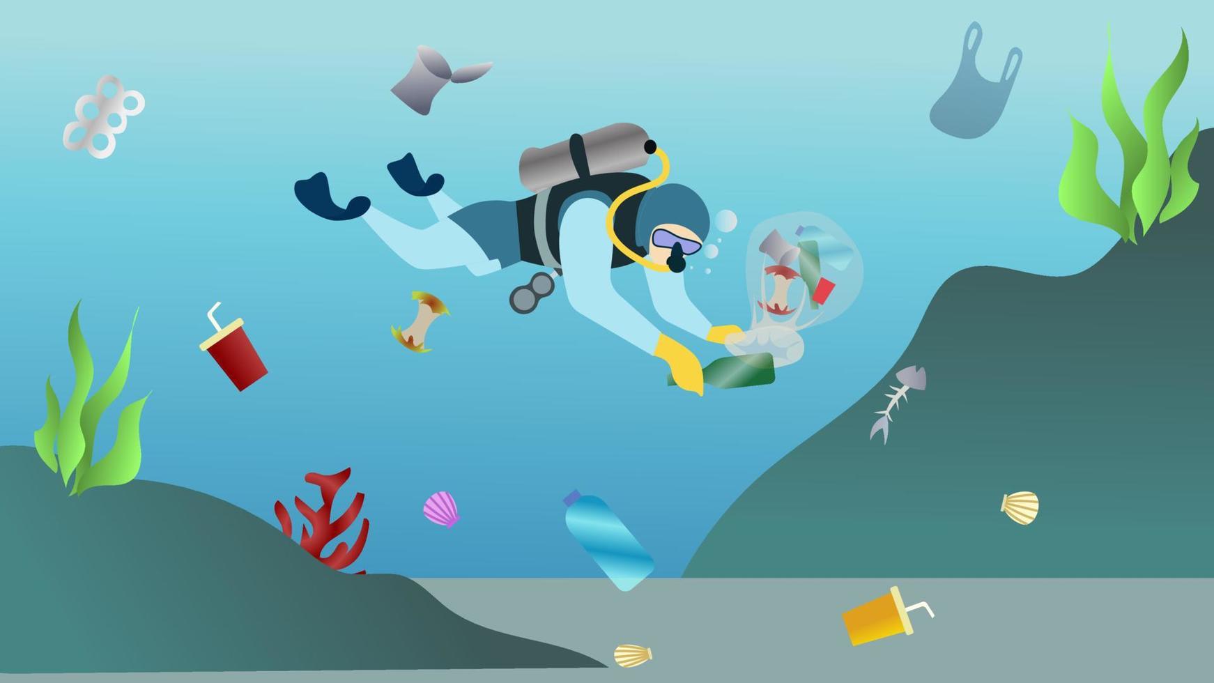 homme plongeant dans un sac de collecte, ordures, illustration de bouteille pour site Web, plongeur nettoyant l'océan à partir d'une illustration vectorielle de pollution par les déchets plastiques, concept de pollution de la mer avec un plongeur vecteur