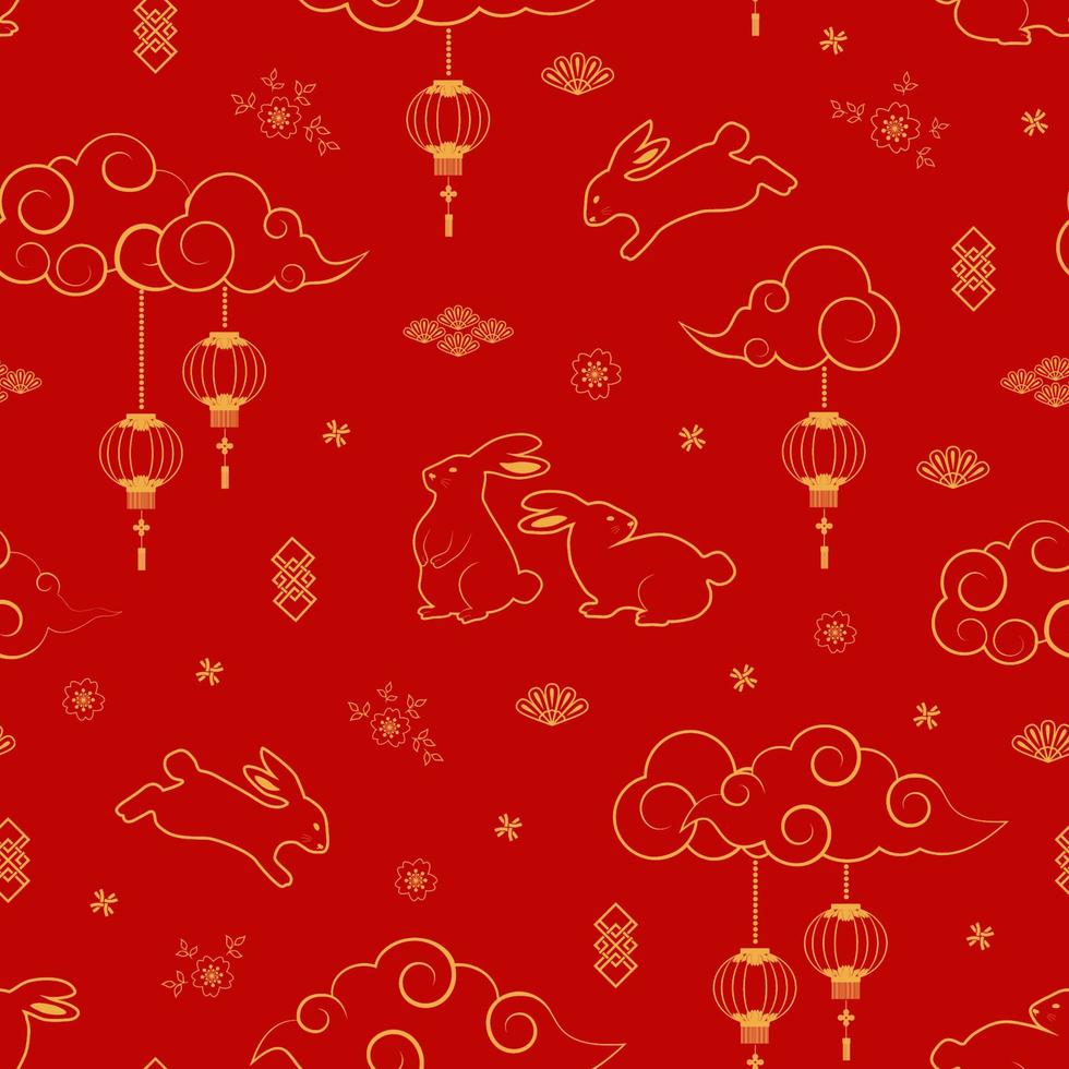 modèle sans couture de personnage de lapins avec des éléments asiatiques sur fond rouge pour le nouvel an chinois décoratif 2023 et le festival de la mi-automne vecteur