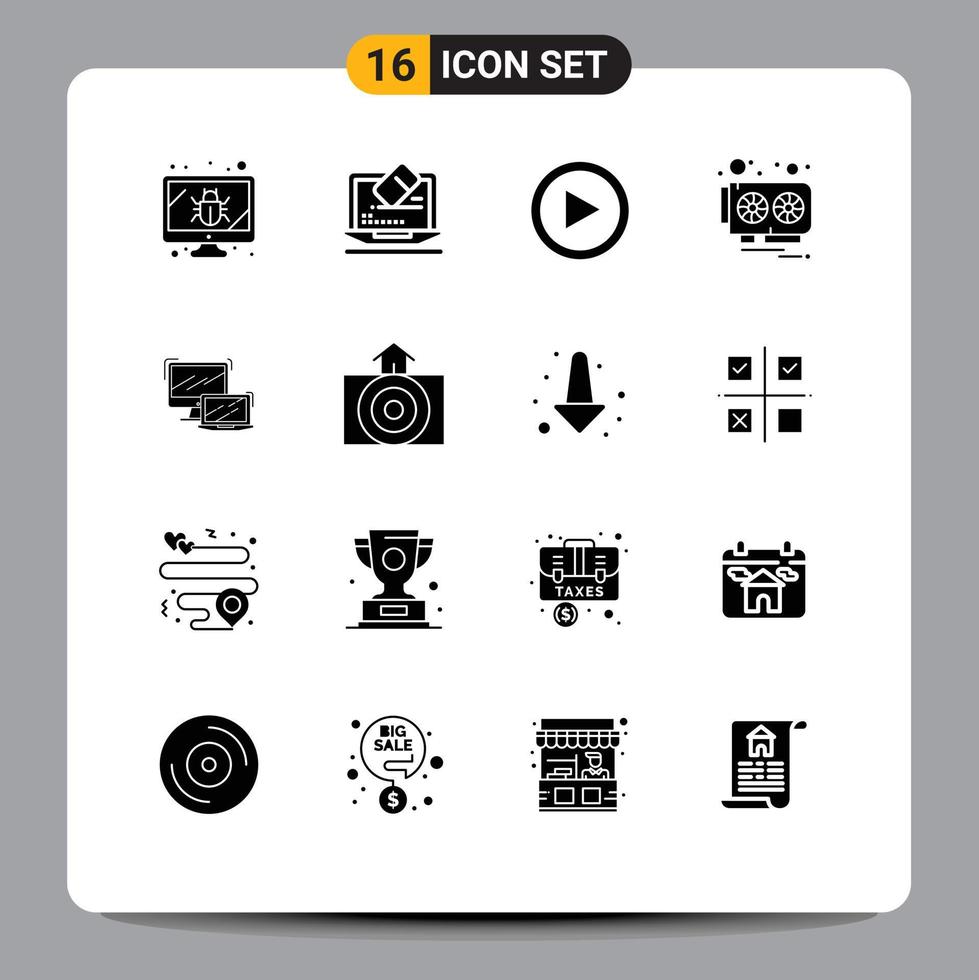 pack de glyphes solides de 16 symboles universels d'éléments de conception vectoriels modifiables de carte vidéo vidéo d'entreprise vecteur