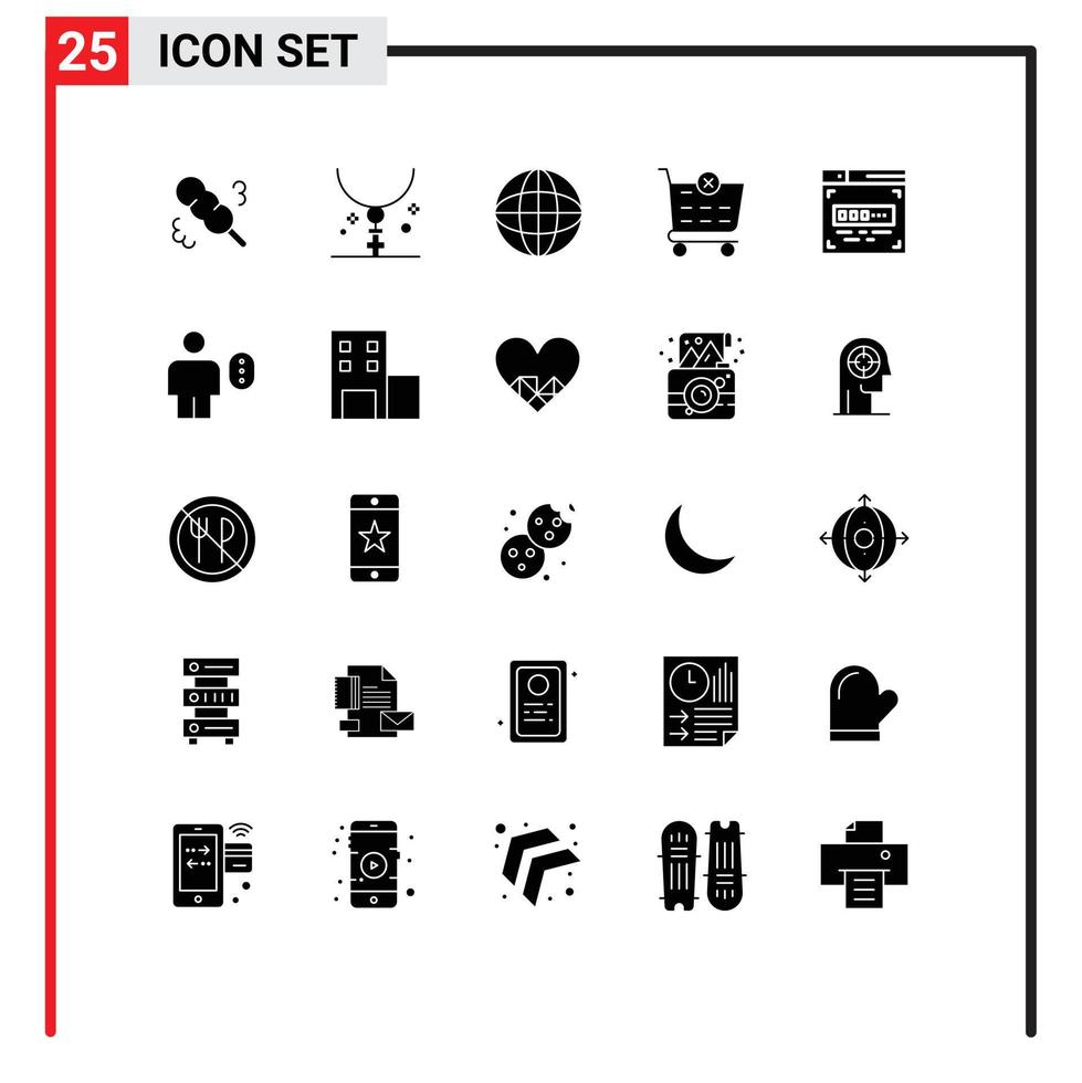 25 glyphes solides vectoriels thématiques et symboles modifiables du code de développement frontal world shopping cart check éléments de conception vectoriels modifiables vecteur