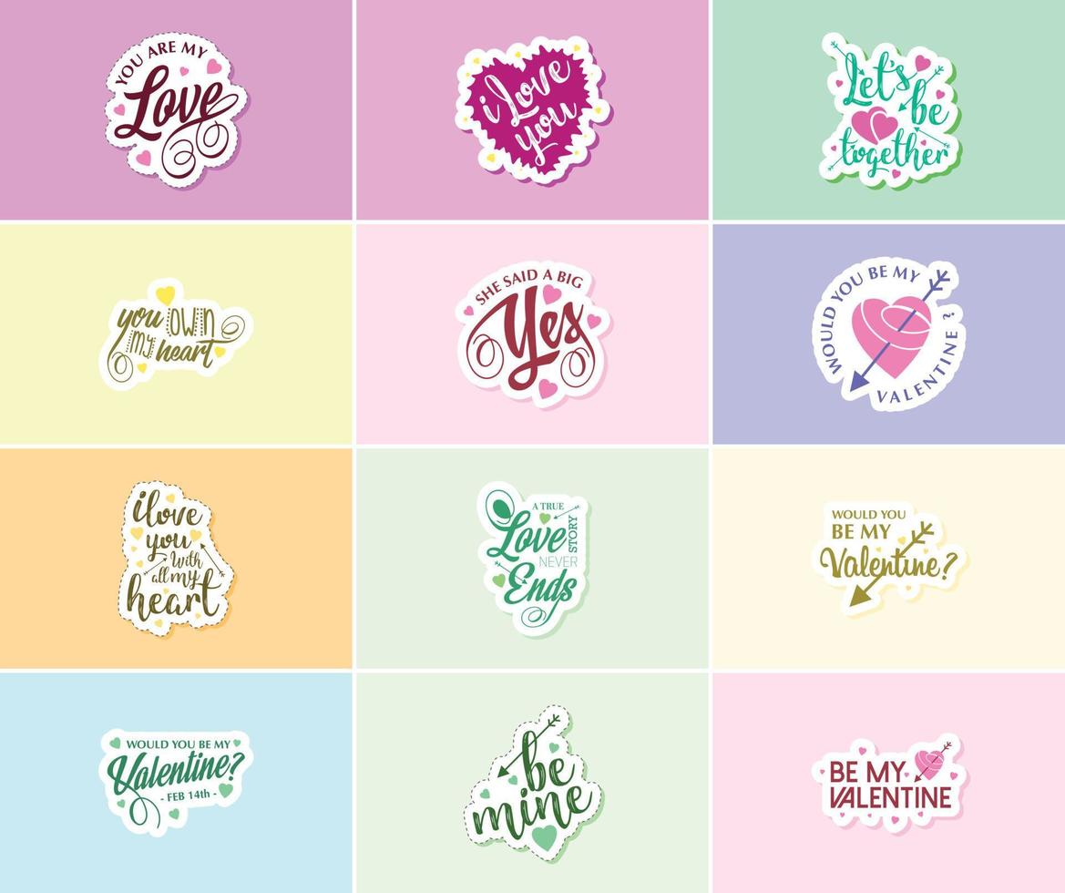 célébrer l'amour le jour de la saint valentin avec de beaux autocollants typographiques et graphiques vecteur