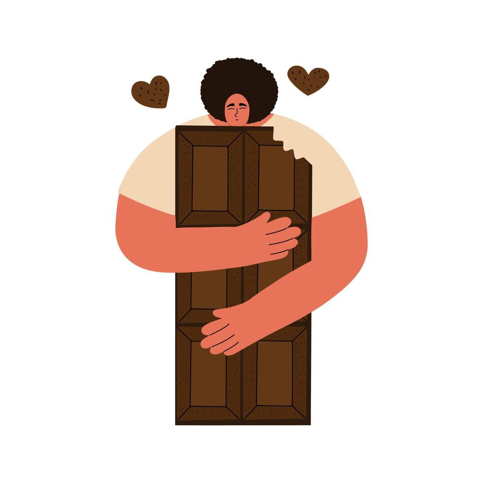 un jeune homme serre dans ses bras une grande barre de chocolat noir. concept d'amour de la nourriture sucrée. illustration vectorielle dans un style plat vecteur
